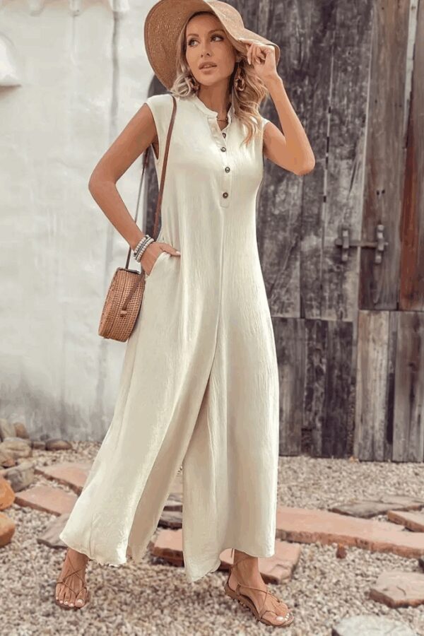 Kadın Kısa Kollu önden Düğmeli Paçaya Doğru Geniş Cepli Uzun Bürümcük Tulum