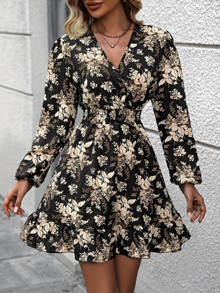 Kadın Uzun Kollu Kruvaze Yaka Beli Gipeli çiçek Desenli Kısa Dalgıç Elbise - Görsel 8