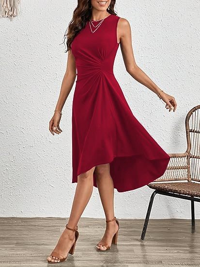 Kadın Sıfır Kollu Bisiklet Yaka Büzgülü Asimetrik Kesim Detaylı Janjan Krep Elbise - Görsel 11