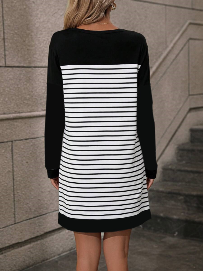 Kadın Bisiklet Yaka Uzun Kol çizgili Iki Iplik Kumaş Mini Boy Elbise - Görsel 5