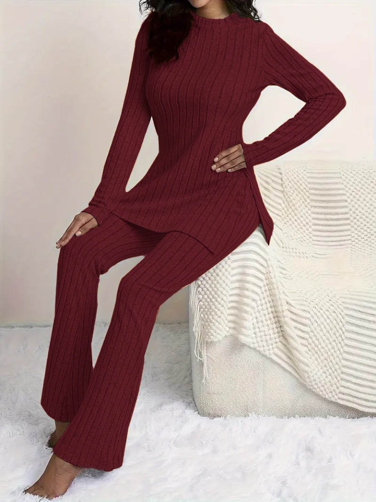 Kadın Uzun Kollu Yuvarlak Yaka Yandan Yırtmaç Detaylı şardonlu Kaşkorse Bluz Ve Pantolon Ikili Takım - Görsel 8