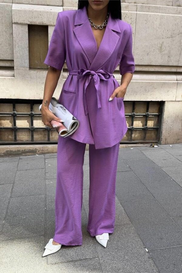 KISA KOL BAĞLAMA DETAYLI CEKET-PANTOLON TAKIM - Mavi