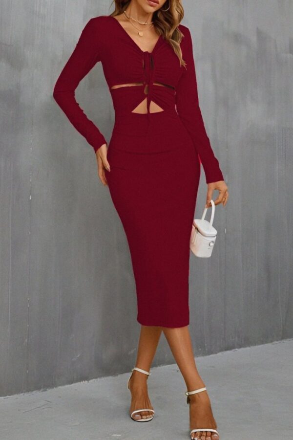Kadın Uzun Kollu Göğüs Ve Göbek Dekolte Detay Sandy Midi Boy Elbise