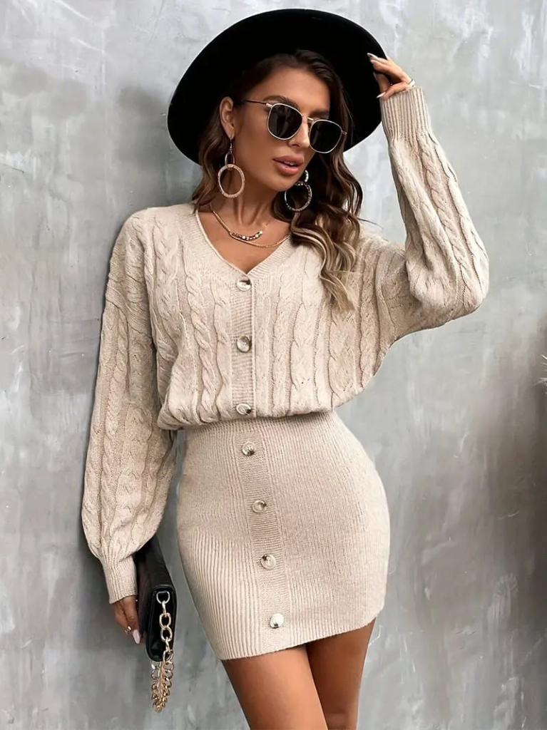 Kadın Uzun Kollu V Yakalı önden Düğmeli Kısa Triko Elbise - Görsel 11