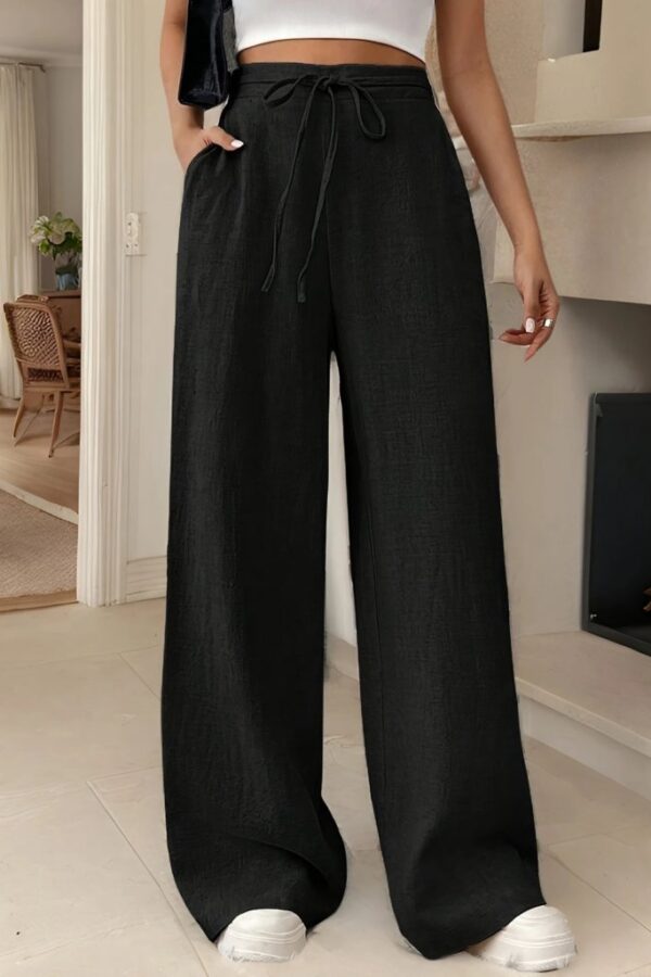 Kadın Yüksek Bel Bağcıklı Geniş Paçalı Uzun Bürümcük Pantolon