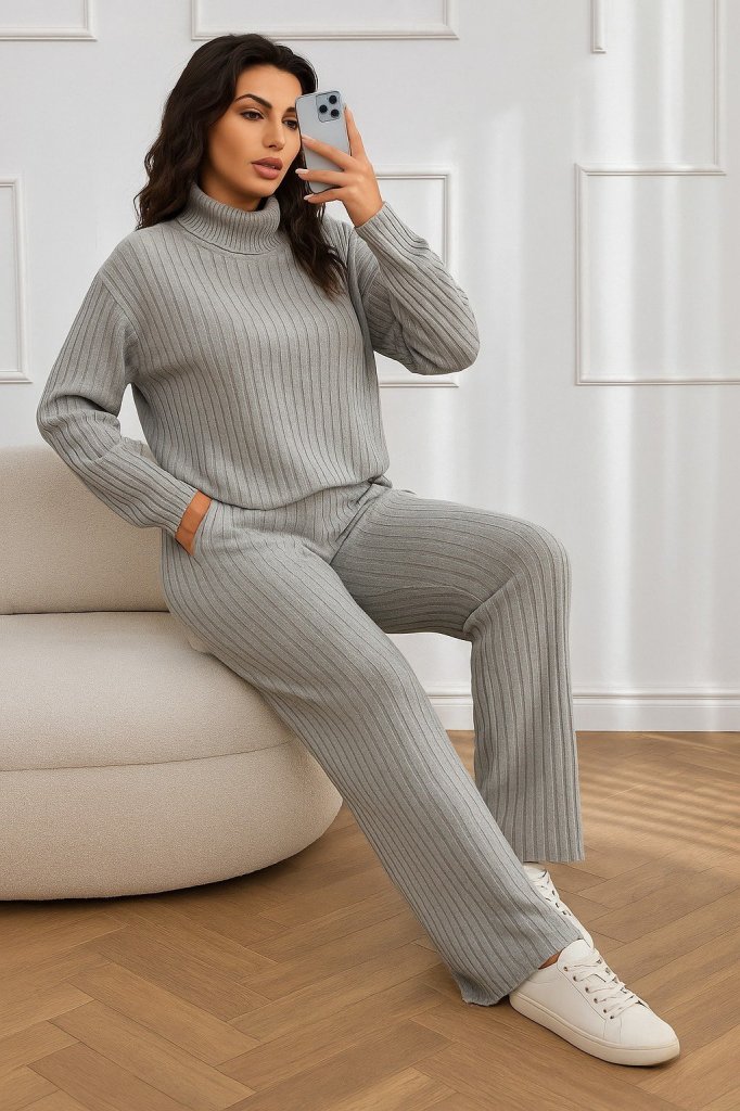 Kadın Uzun Kollu Balıkçı Yaka şardonlu Bluz Ve Pantolon Ikili Takım - Görsel 3