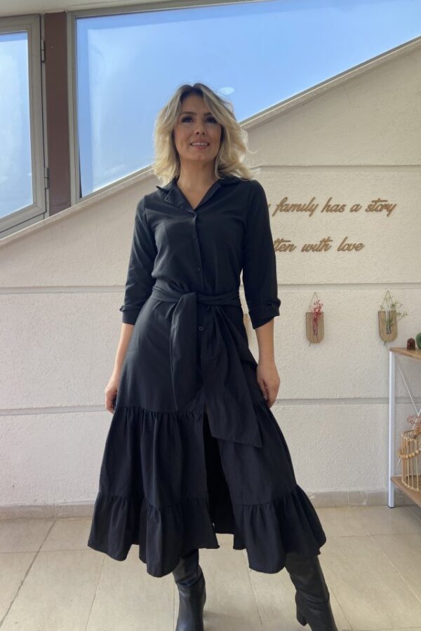 Kadın Uzun Kollu Eteği Fırfırlı Beli Kuşaklı Trikoton Tam Boy Gömlek Elbise