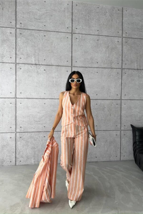 ÇİZGİLİ KETEN YELEK-PANTOLON TAKIM - Orange