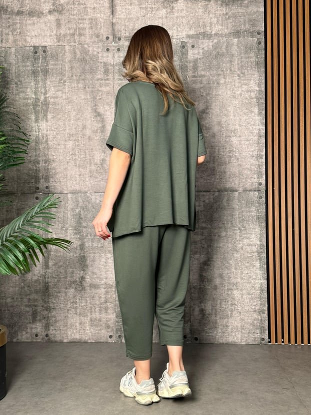 Kadın Kısa Kollu Bisiklet Yaka Viskon Iki Iplik Bluz Ve Pantolon Ikili Takım - Görsel 11