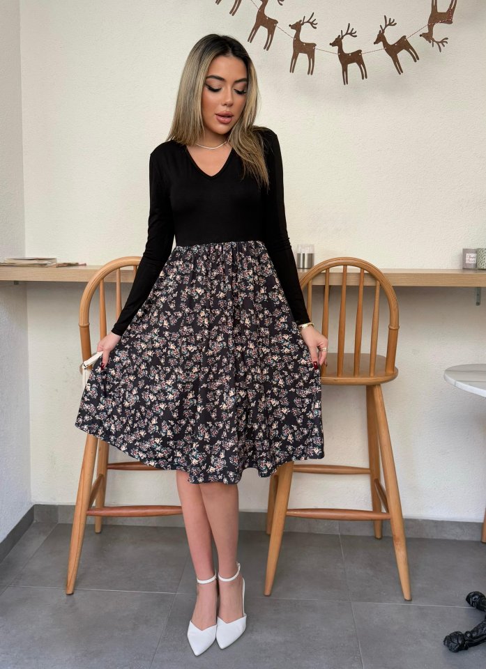 Kadın Uzun Kollu V Yakalı üst Viskon Alt çiçek Desenli Süprem Kısa Elbise - Görsel 4