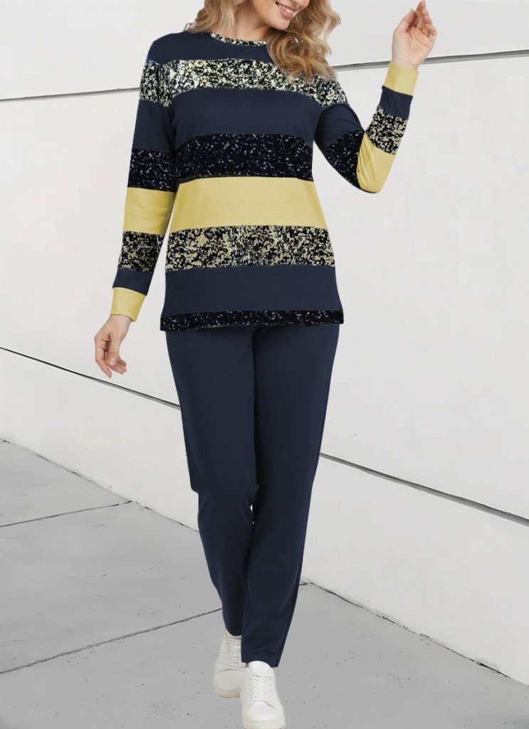 Kadın Uzun Kollu Bisiklet Yaka çizgili Desen Iki Iplik Bluz Ve Pantolon Ikili Takım - Görsel 9