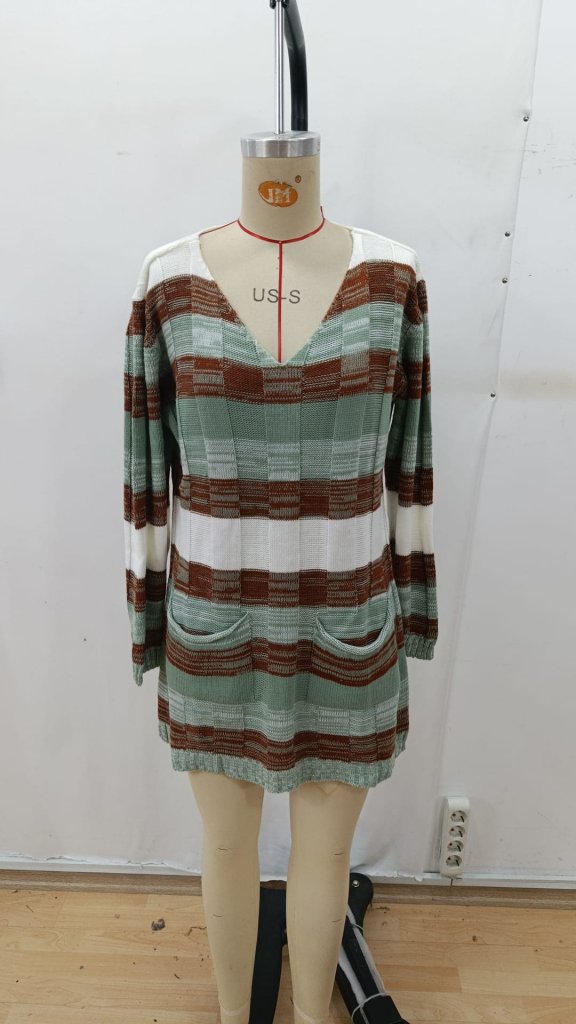 Kadın Uzun Kollu V Yakalı çizgili çok Renkli Triko Mini Elbise - Görsel 11