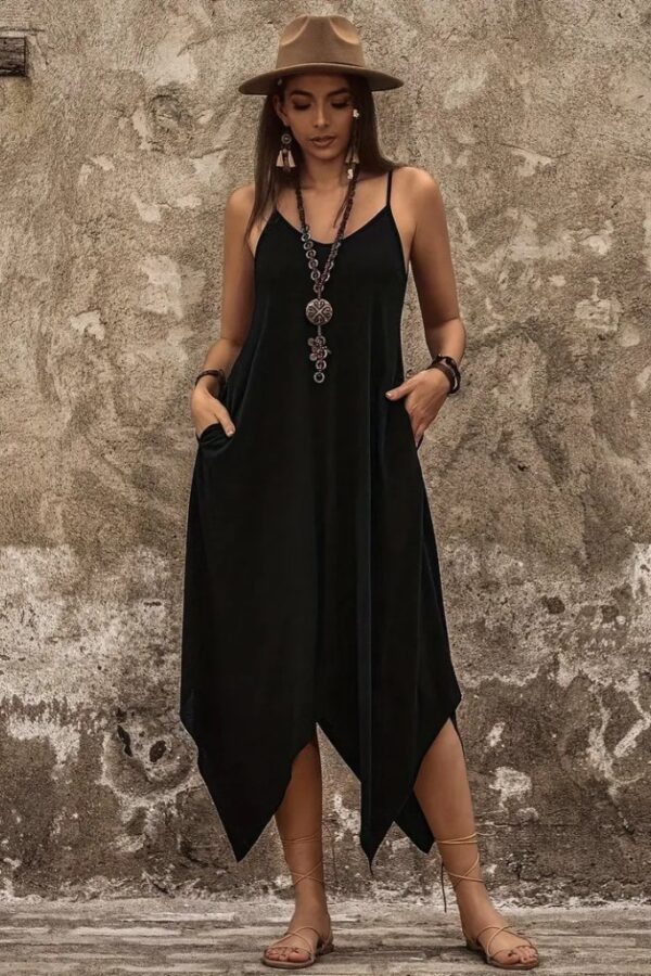 Kadın Askılı V Yakalı Cep Detaylı Asimetrik Kesim Viskon Elbise