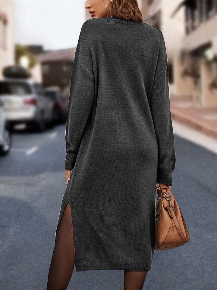 Kadın Uzun Kollu Bisiklet Yaka Yırtmaç Detay Triko Midi Boy Elbise - Görsel 2