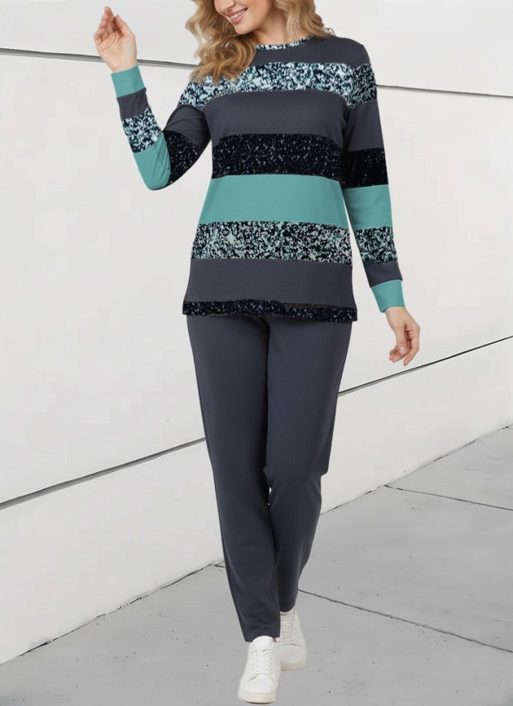 Kadın Uzun Kollu Bisiklet Yaka çizgili Desen Iki Iplik Bluz Ve Pantolon Ikili Takım - Görsel 11