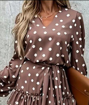 Kadın Uzun Kollu V Yakalı Belden Kuşaklı Puantiyeli Mini Modal Elbise - Görsel 6