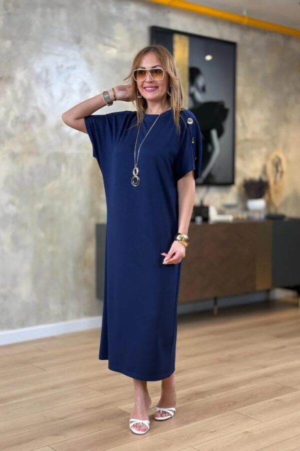 Kadın Kısa Kollu Bisiklet Yaka Omuzdan Düğmeli Uzun Viskon Iki Iplik Elbise