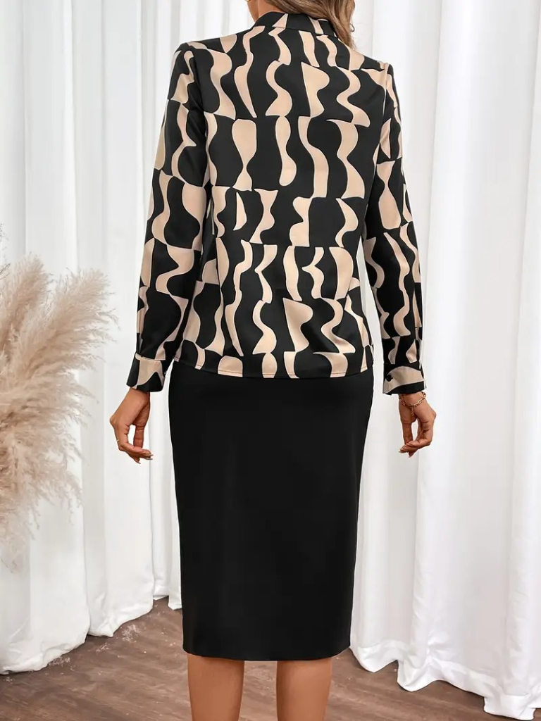 Kadın Uzun Kollu V Hakim Yakalı Desenli Dalgıç Bluz Ve önden Büzgülü Krep Ikili Takım - Görsel 4