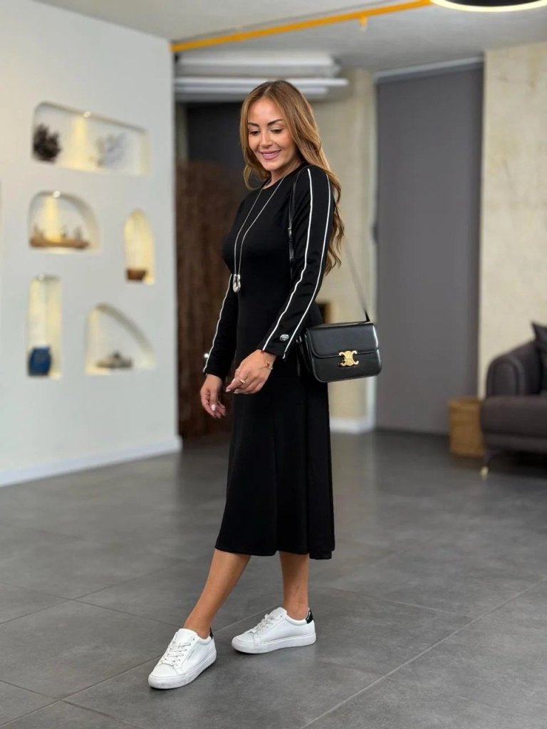 Kadın Uzun Kollu Bisiklet Yaka Midi Modal Elbise - Görsel 12