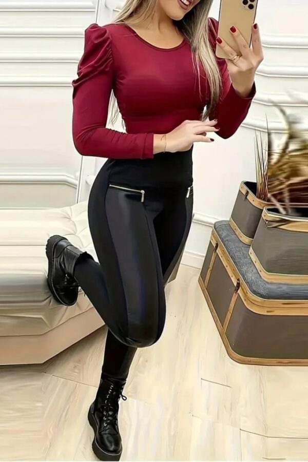 Kadın Yüksek Bel Deri Detaylı Fermuarlı Dalgıç Tayt