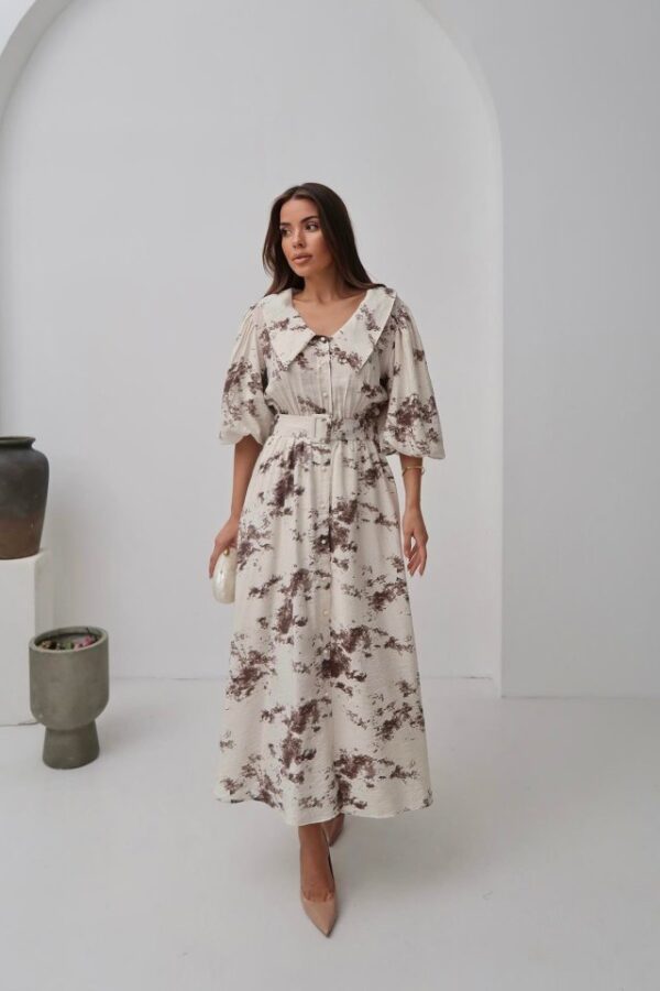 Mavi Desenli Kemerli Elbise