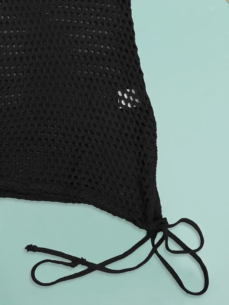 Kadın Askılı Eteği Büzgü Bağlama Detay Delikli örme Triko Pareo Elbise - Görsel 5