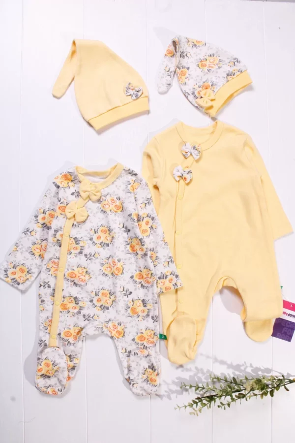 Çiçek Desenli Kravuze Kız Bebek 4'lü Tulum Seti