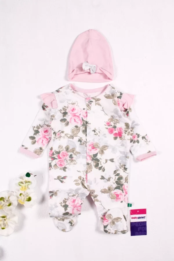 Çiçek Desenli Şapkalı Kız Bebek Tulumu