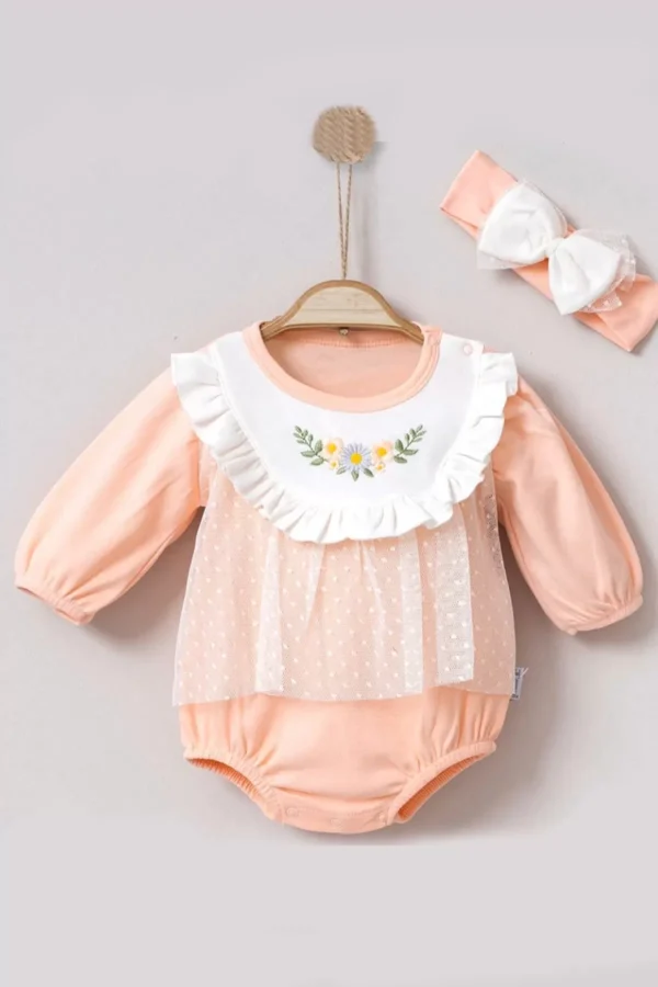 Çiçek Nakışlı Tüllü Bandanalı Kız Bebek Romper