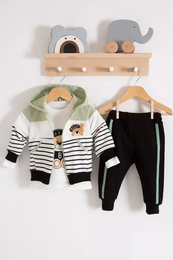Çizgili Bear Desenli 3'lü Erkek Bebek Takımı