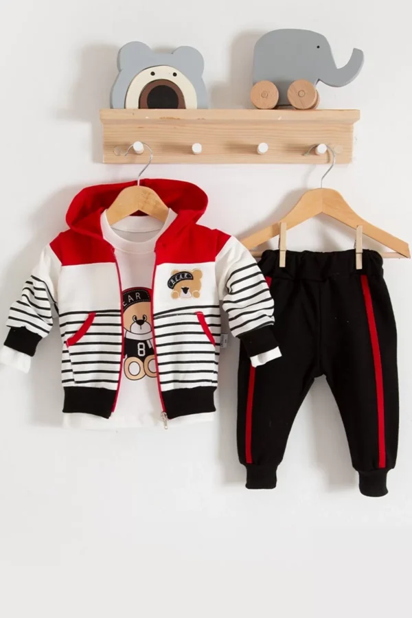 Çizgili Bear Desenli 3'lü Erkek Bebek Takımı