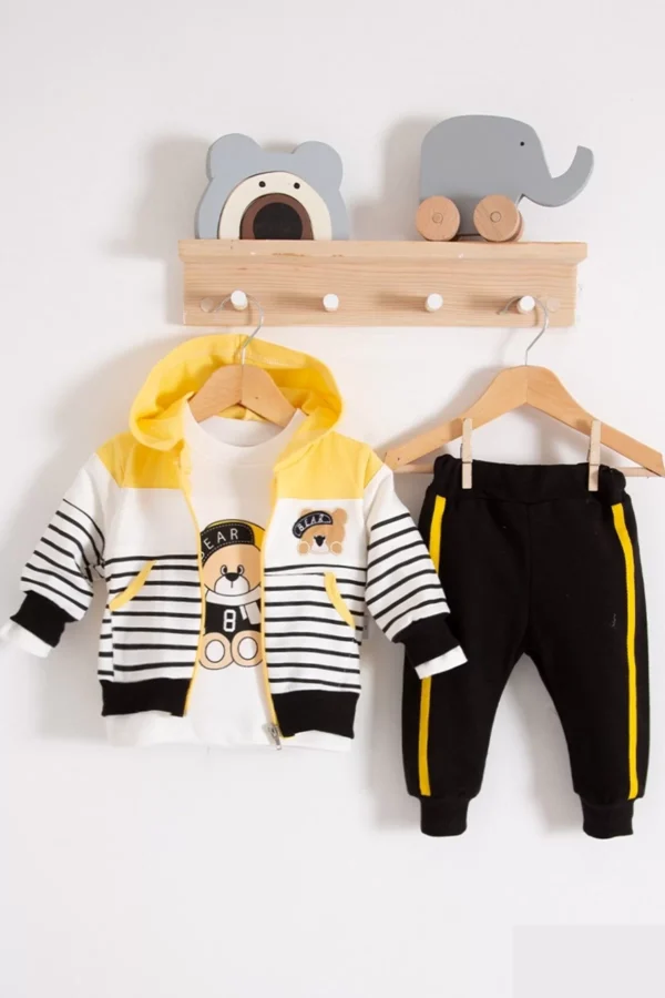 Çizgili Bear Desenli 3'lü Erkek Bebek Takımı