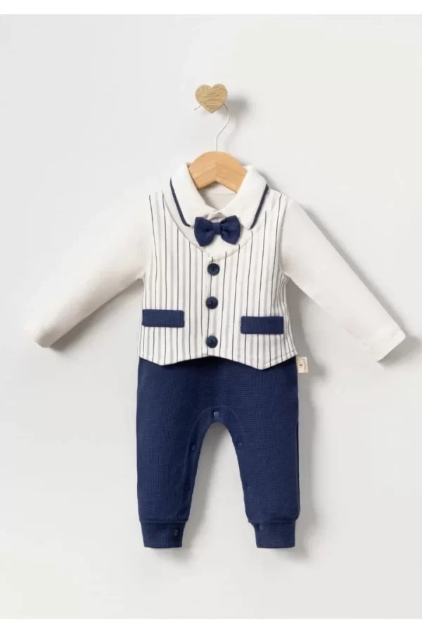 Çizgili Papyonlu Erkek Bebek Tulum % 100 Pamuk