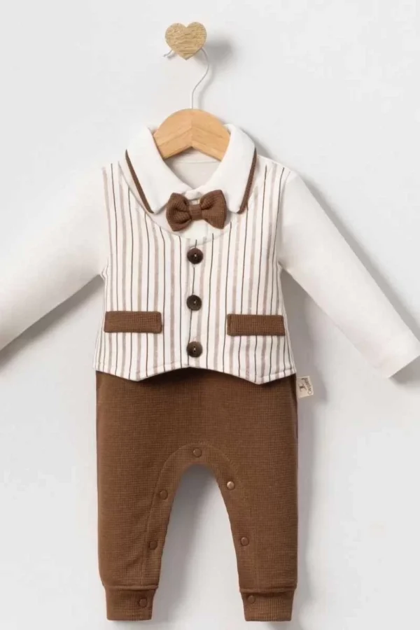 Çizgili Papyonlu Erkek Bebek Tulum % 100 Pamuk