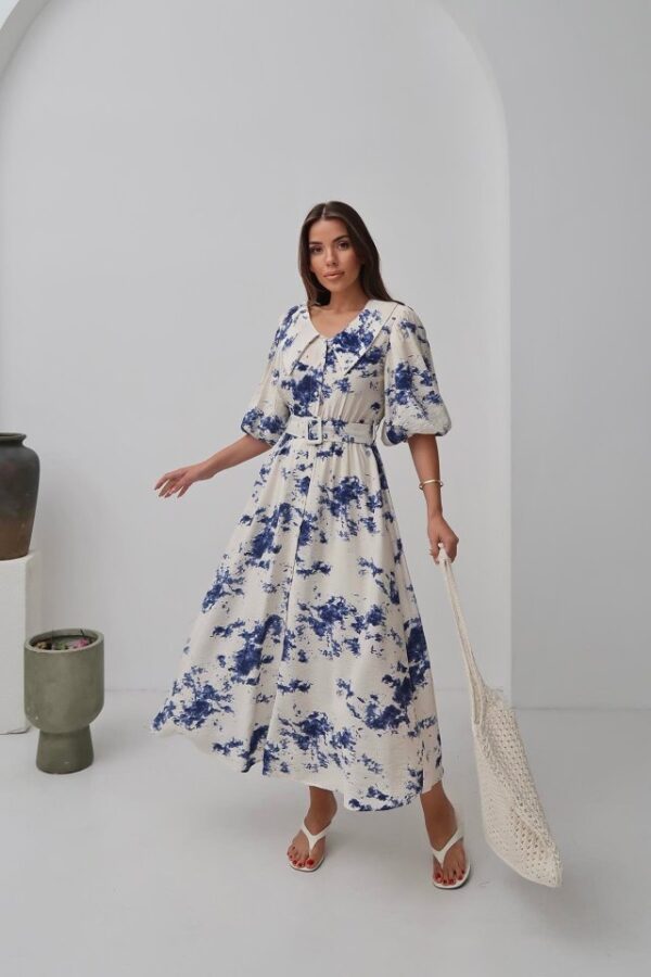 Mavi Desenli Kemerli Elbise