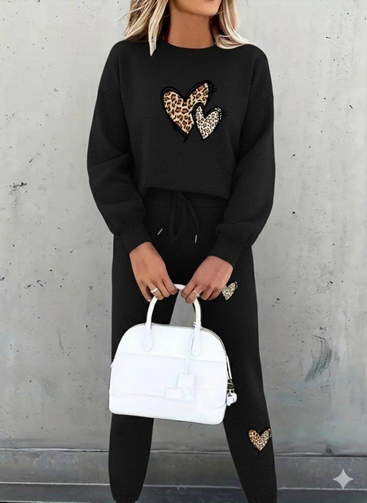 Kadın Uzun Kollu Bisiklet Yaka Kalp Desenli şardonlu üç Iplik Bluz Ve Pantolon Ikili Takım - Görsel 5