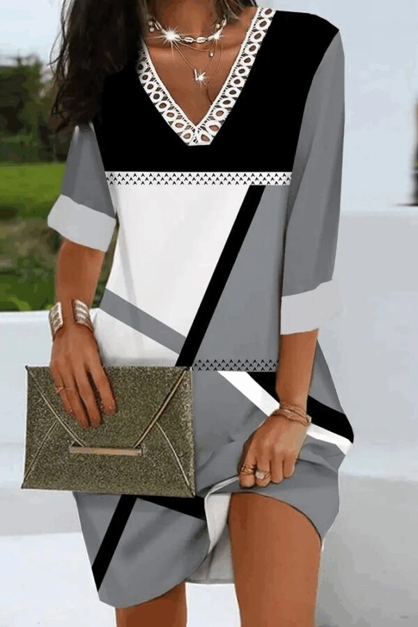 Kadın Fakir Kollu V Dantel Yaka Geometrik Desenli Dalgıç Elbise