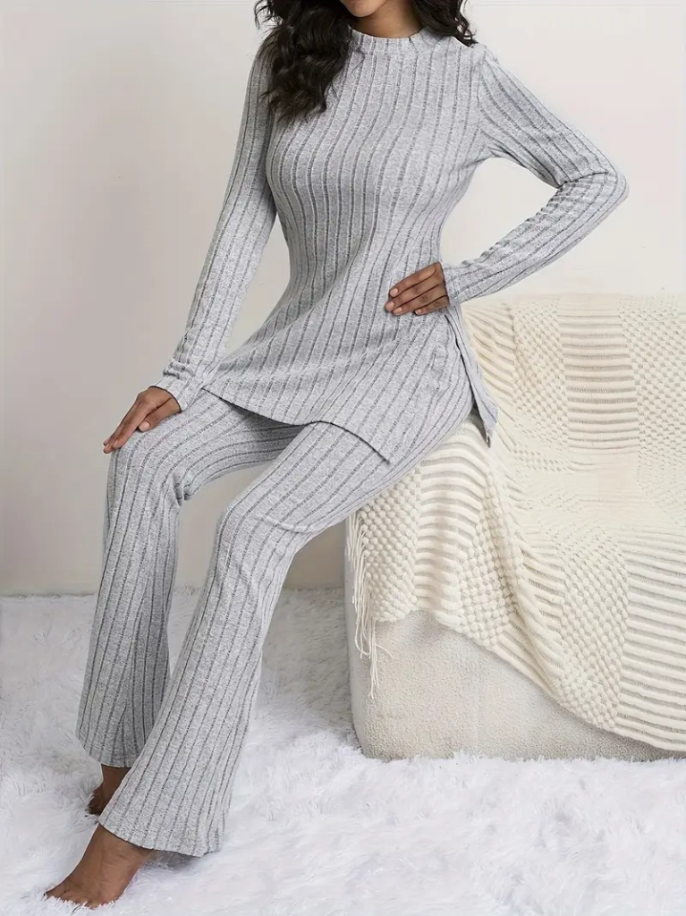 Kadın Uzun Kollu Yuvarlak Yaka Yandan Yırtmaç Detaylı şardonlu Kaşkorse Bluz Ve Pantolon Ikili Takım - Görsel 10