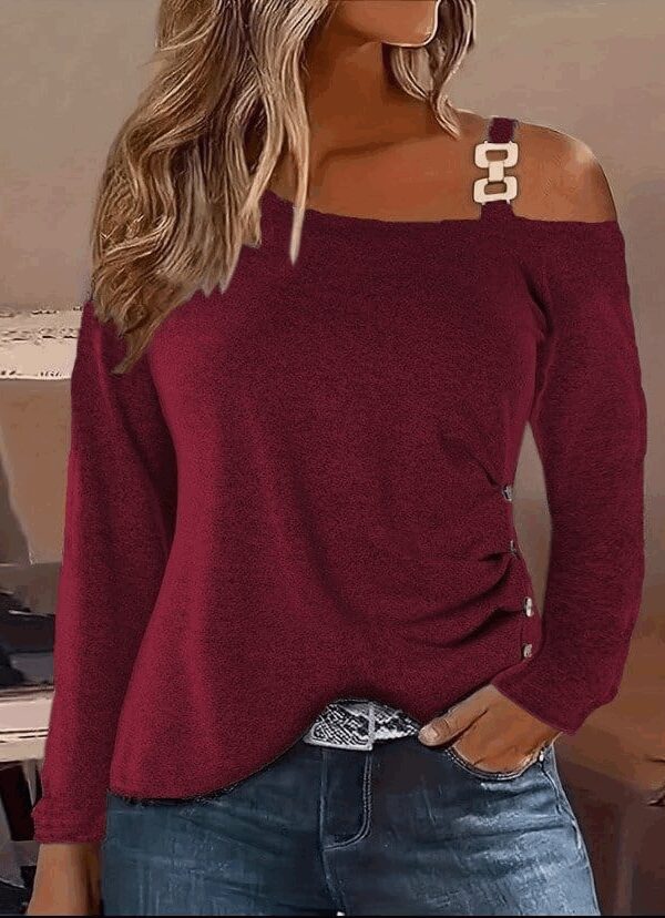 Kadın Uzun Kollu Tek Omuzu Açık Askılı Toka Ve Düğme Detaylı Yumuşak Bluz