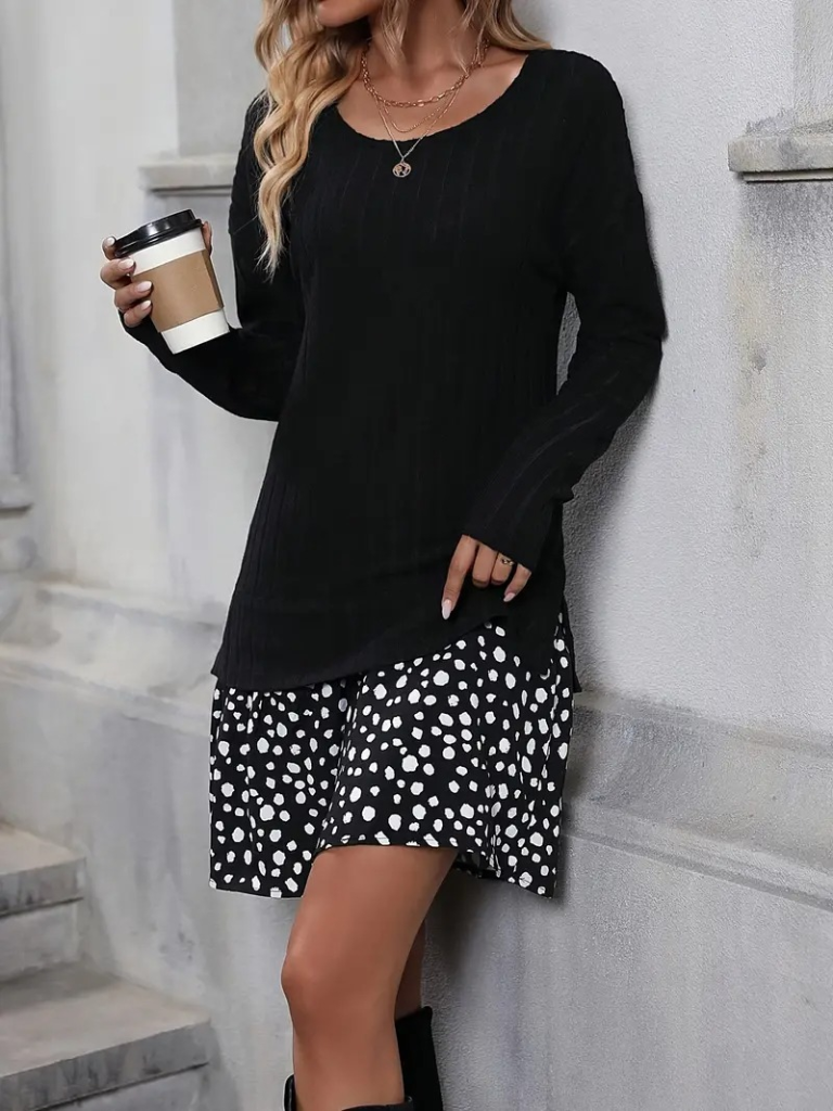 Kadın Uzun Kollu Bisiklet Yaka şardonlu Kaşkorse Bluz Ve Süprem Etek Elbise - Görsel 2