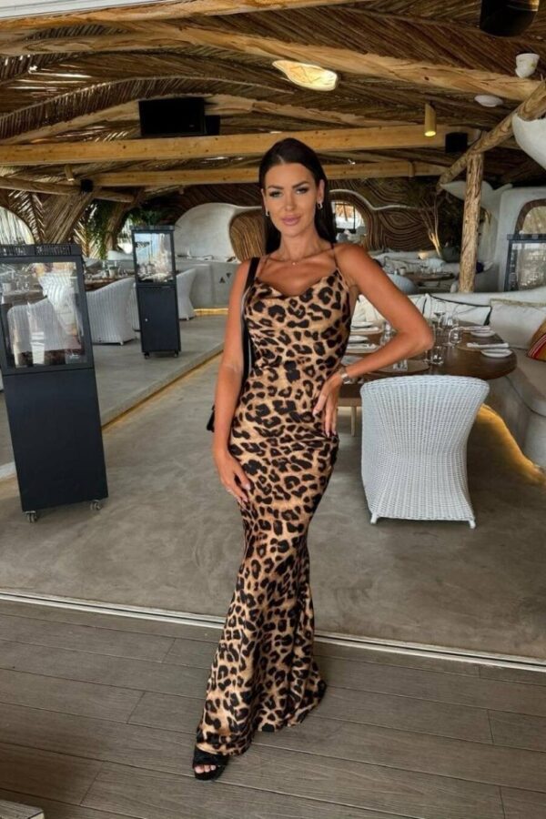 Kadın Saten Kumaş Leopar Desenli Uzun Askılı Elbise