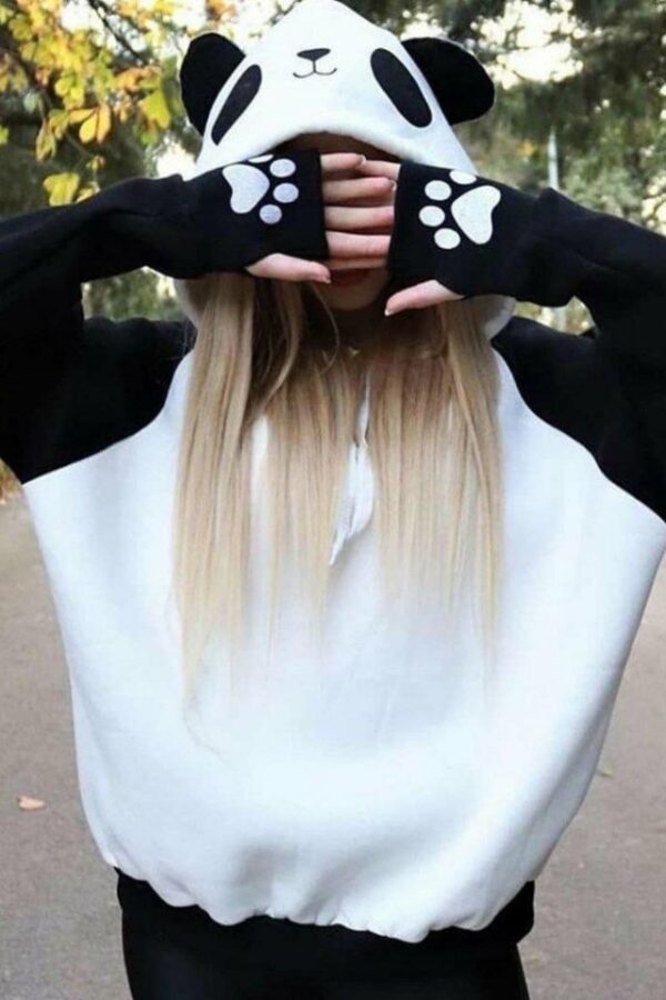 Kadın Panda üç Iplik Kumaş Kapüşonlu Polar Sweat 65 Cm