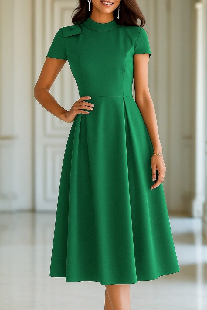 Kadın Kısa Kollu Yarı Balıkçı Yaka Pileli Janjan Krep Midi Elbise - Görsel 3