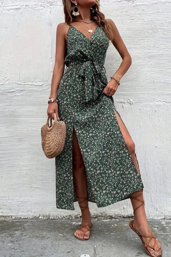 Kadın Ip Askılı Kruvaze Yakalı Yırtmaçlı Uzun Desenli Kuşaklı Süprem Elbise