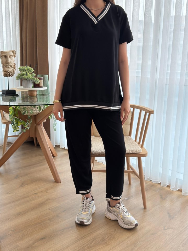 Kadın Kısa Kollu V Yakalı Iki Iplik Bluz Ve Pantolon Ikili Takım - Görsel 3