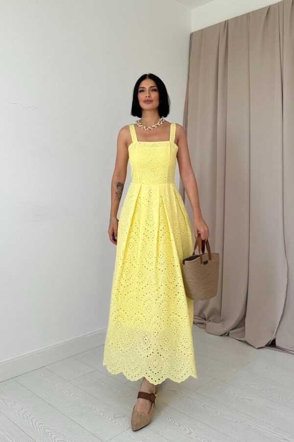 Sarı Askılı Aparatlı Brode Elbise