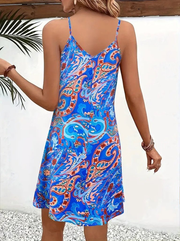 Kadın Ip Askılı V Yakalı Desenli Kısa Süprem Elbise - Görsel 10