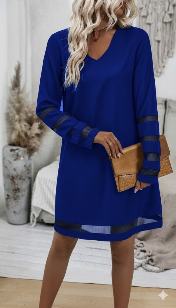 Kadın Uzun Kollu V Yakalı Tül şerit Detaylı Mini Krep Elbise - Görsel 5