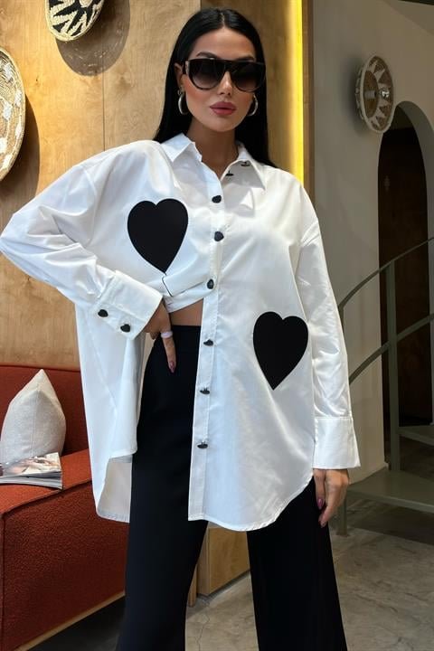 Kalp Nakışlı Ve Düğme Detaylı Oversize Gömlek 3430