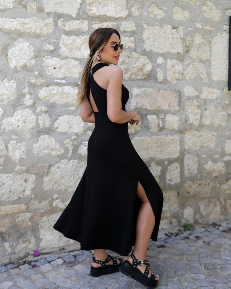 Kadın Arkadan çapraz Detay Yuvarlak Yaka Maksi Viskon Elbise - Görsel 5